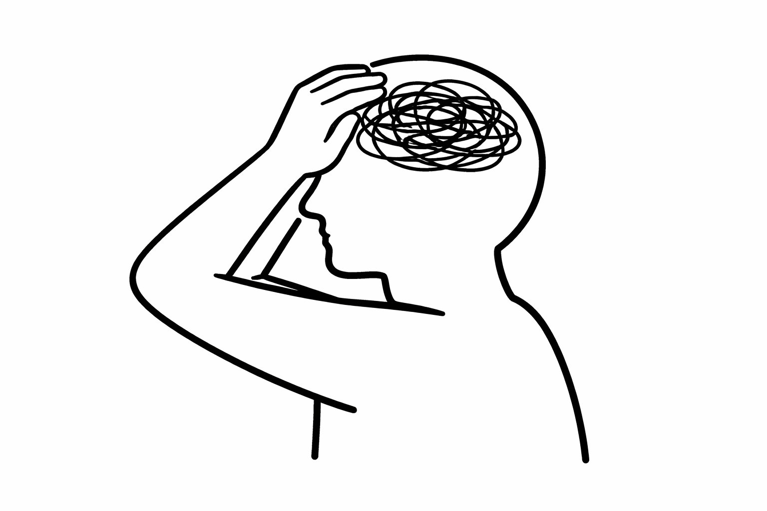 Tekening van persoon die een vol hoofd heeft